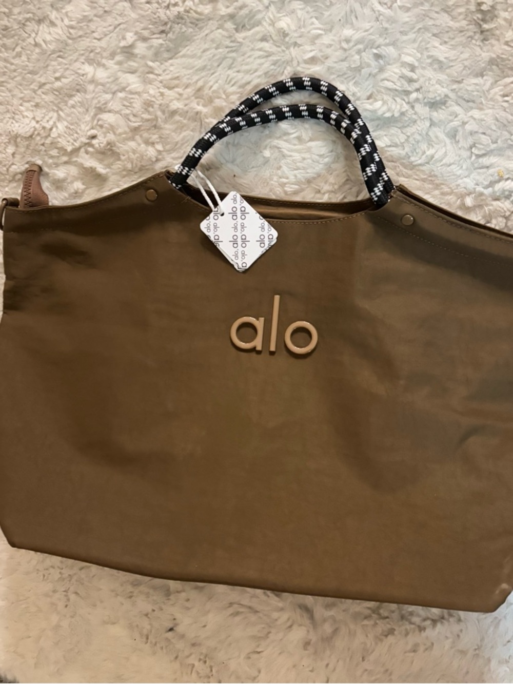ALO Yoga Olive Brown Tote with Black & White Rope Handles